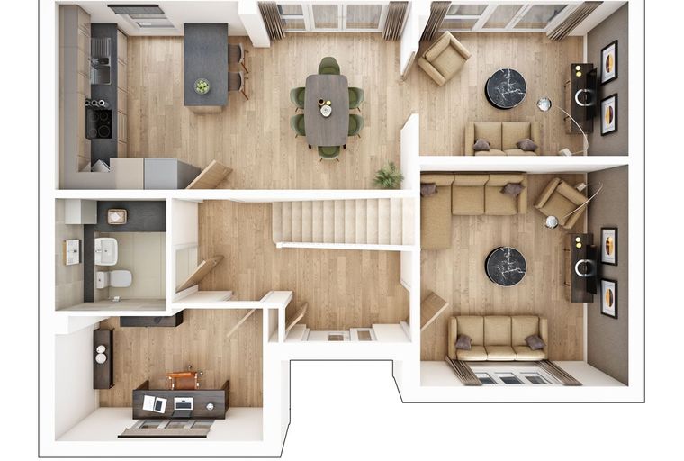 A floor plan of a multi-level house with a kitchen, dining area, living rooms, bathrooms, and stairs.