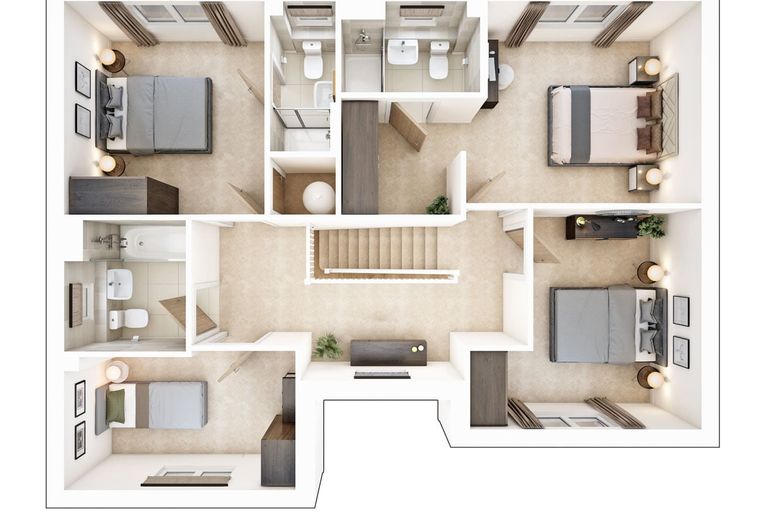 A floor plan of a house with multiple bedrooms and bathrooms.