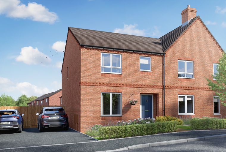 A red brick semi-detached house with a blue front door, two cars parked in the driveway, and a garden.