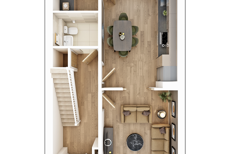 A 3D floor plan of a multi-story home with living areas, a kitchen, dining room, and bathrooms.