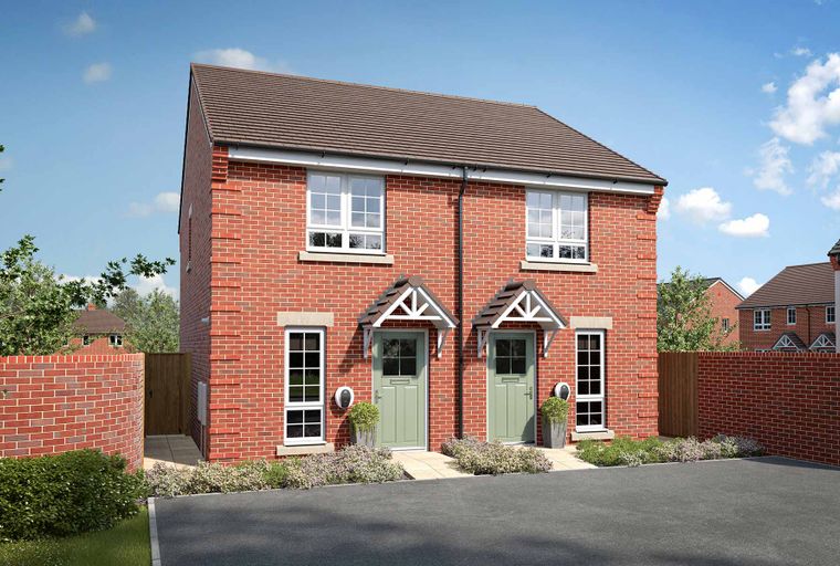 A pair of red brick semi-detached houses with green front doors and white-framed windows.