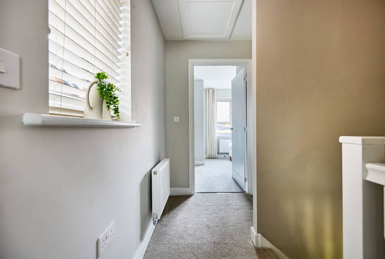A hallway with a radiator, a shelf with a plant, and an open doorway.