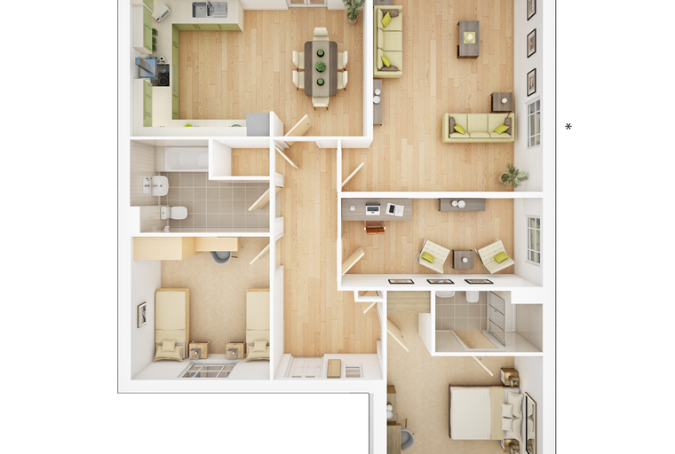 A floor plan of an apartment with a kitchen, dining area, living room, office, two bedrooms, and a master bedroom.