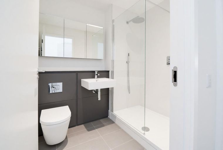 A modern bathroom with a toilet, sink, and a walk-in shower.