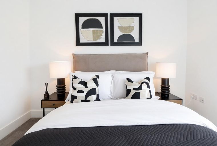 A bedroom with a bed, two bedside tables with lamps, and two framed artworks.