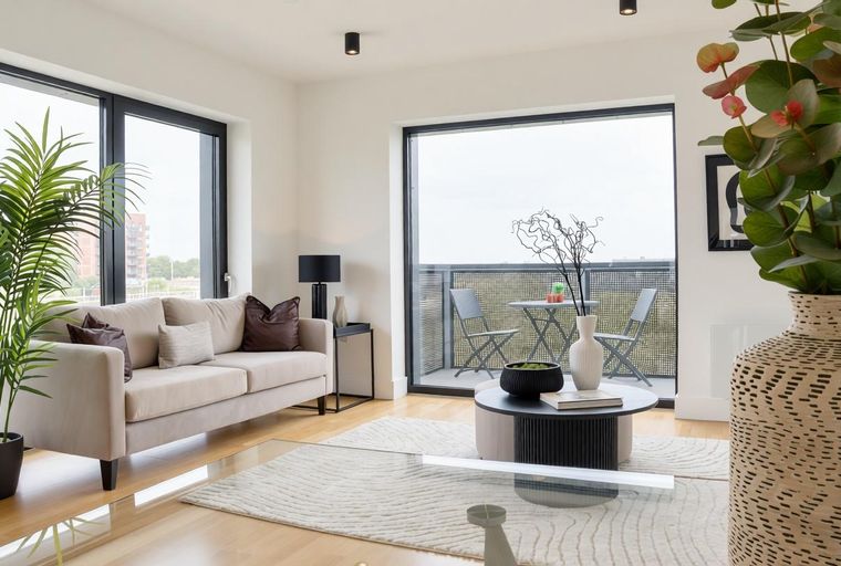 A living room with a sofa, coffee table, and large windows overlooking a balcony.