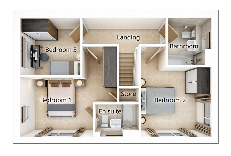 A floor plan showing three bedrooms, a landing, a bathroom, an en-suite, and a store.