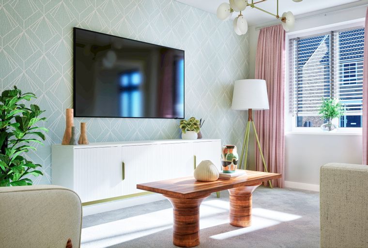 A living room with a television, media console, coffee table, and curtains.