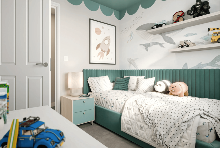 A children's bedroom with a bed, nightstand, and wall art.