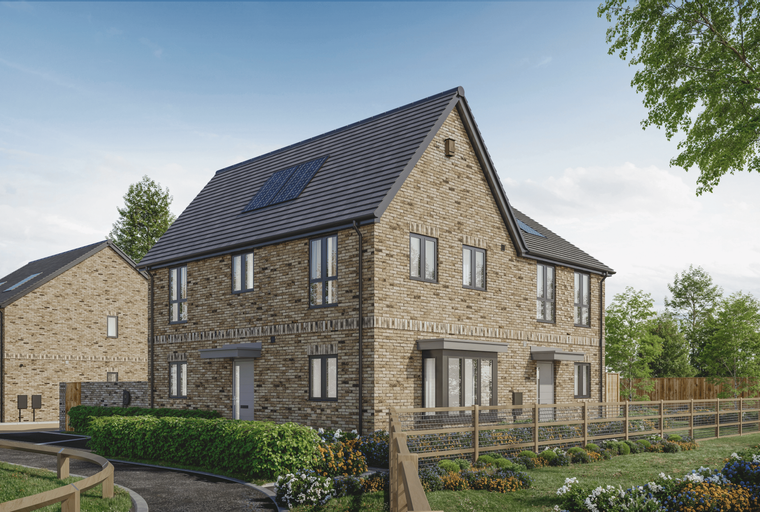 A modern brick house with solar panels on the roof and a garden.