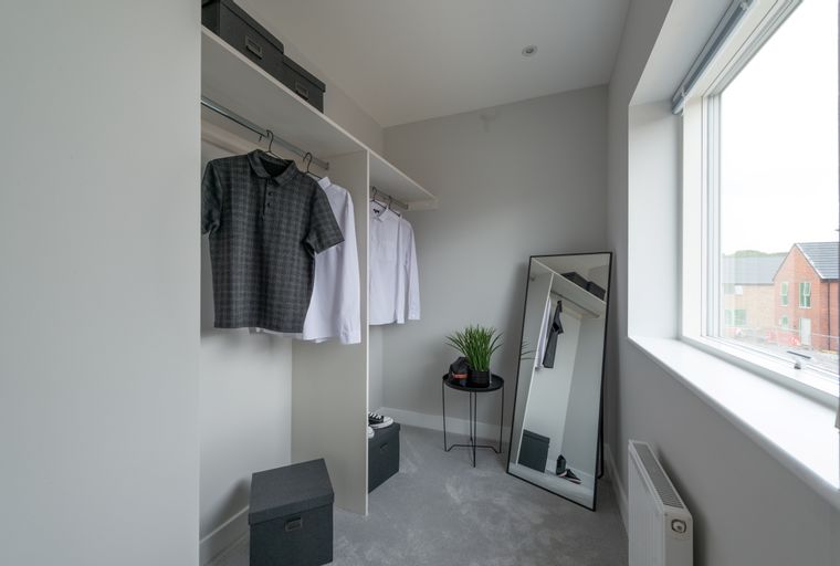 A walk-in closet with clothes hanging on a rail, storage boxes, a mirror, and a plant.