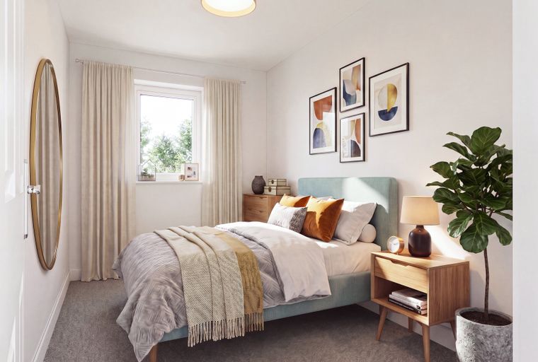 A bedroom with a bed, nightstand, and artwork.