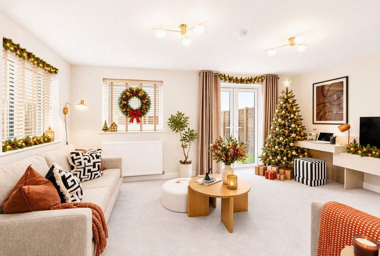 A living room decorated for Christmas with a sofa, Christmas tree, and festive garlands.