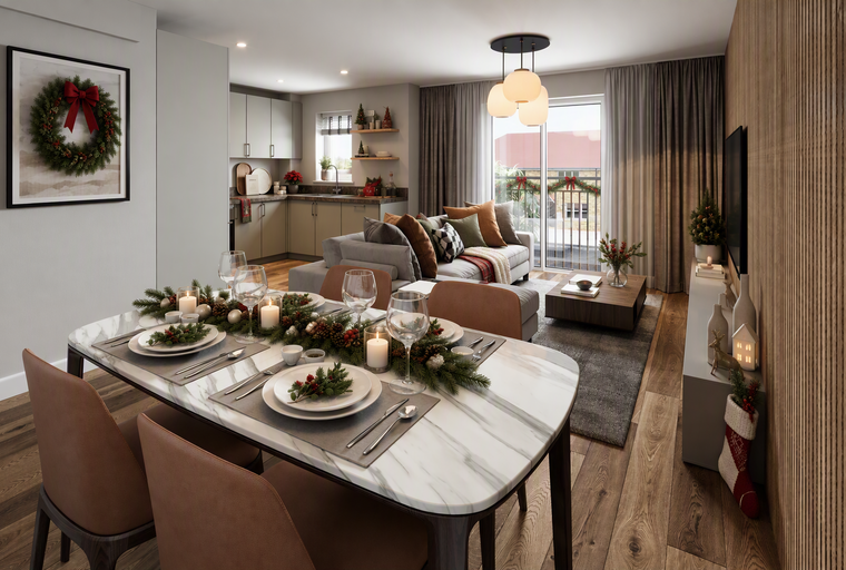 A dining table set for a meal in a living room with a sofa and a balcony.