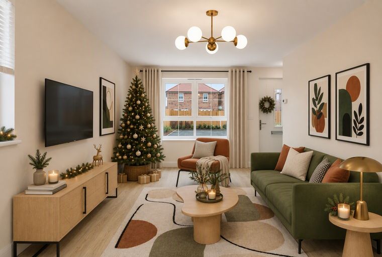 A living room decorated for Christmas with a Christmas tree, sofa, and coffee table.