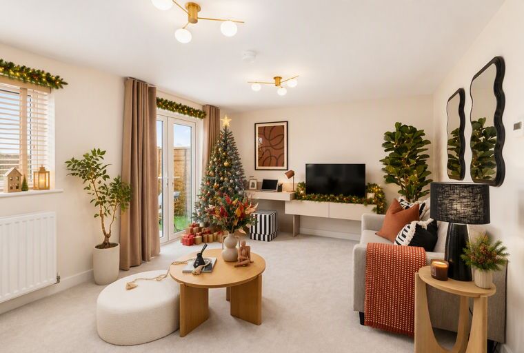 A living room decorated for Christmas with a tree, sofa, coffee table, and television.