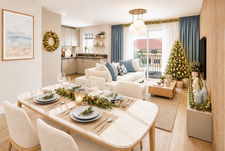 A dining table set for a meal in a living room with a Christmas tree and a sofa.