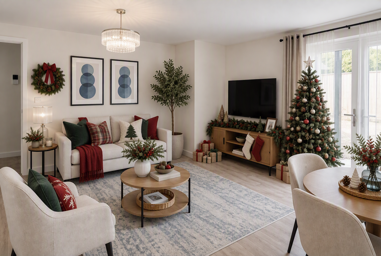A living room decorated for Christmas with a sofa, coffee table, Christmas tree, and a wreath.