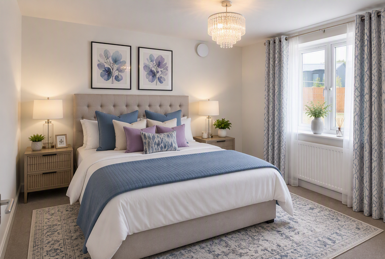 A bedroom with a bed, pillows, bedside tables, lamps, artwork, curtains, and a rug.
