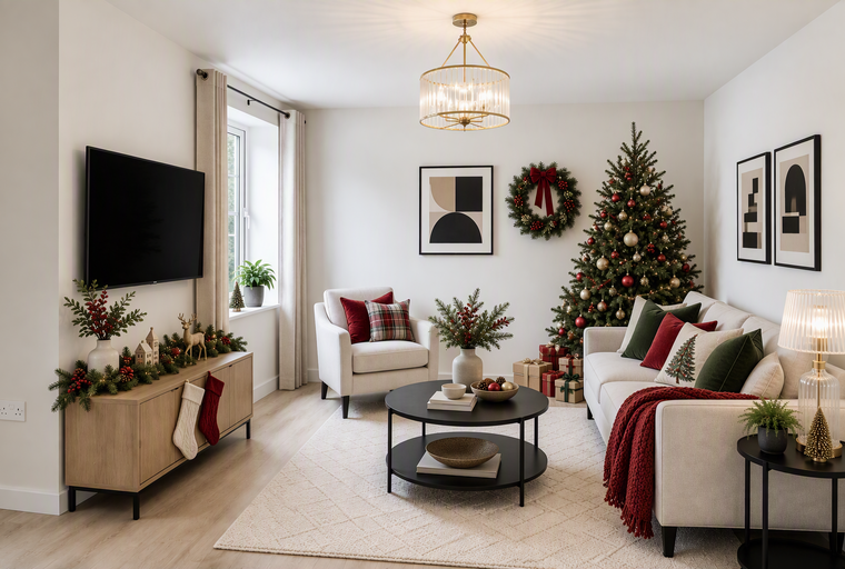A living room decorated for Christmas with a tree, sofa, and entertainment console.