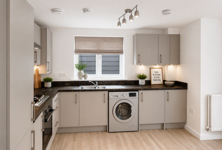 A kitchen with grey cabinets, a sink, a washing machine, and a window.
