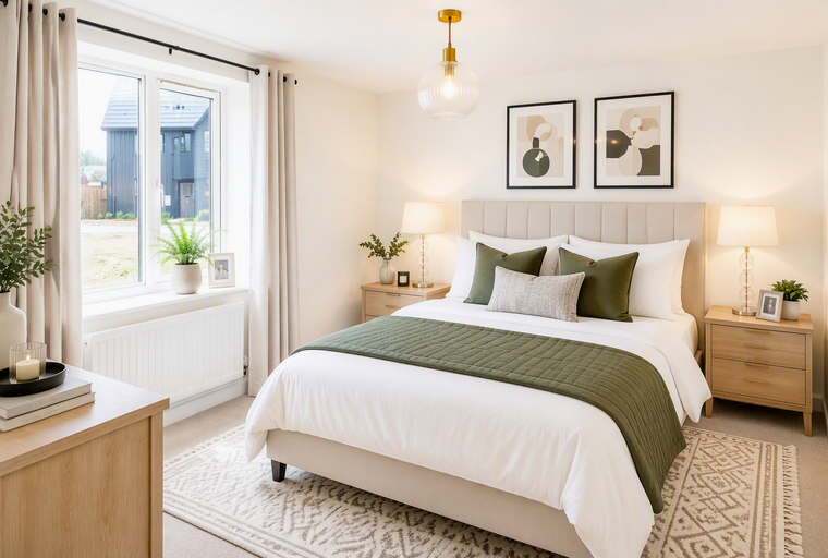 A bedroom with a bed, bedside tables, and a window.