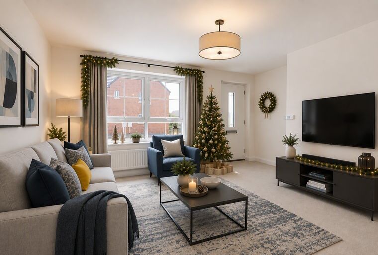 A living room decorated for Christmas with a sofa, armchair, Christmas tree, and a television.