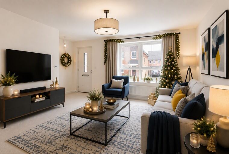 A living room decorated for Christmas with a sofa, armchair, Christmas tree, and television.