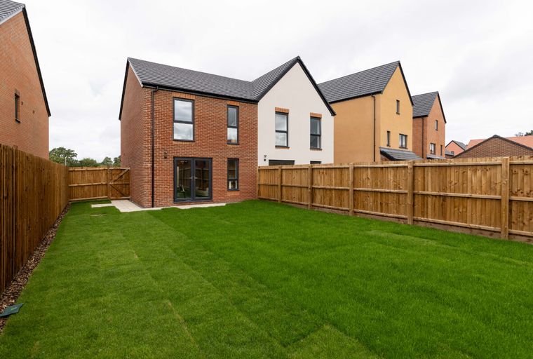 A backyard with a freshly mown lawn and a wooden fence surrounding it, with houses visible in the background.