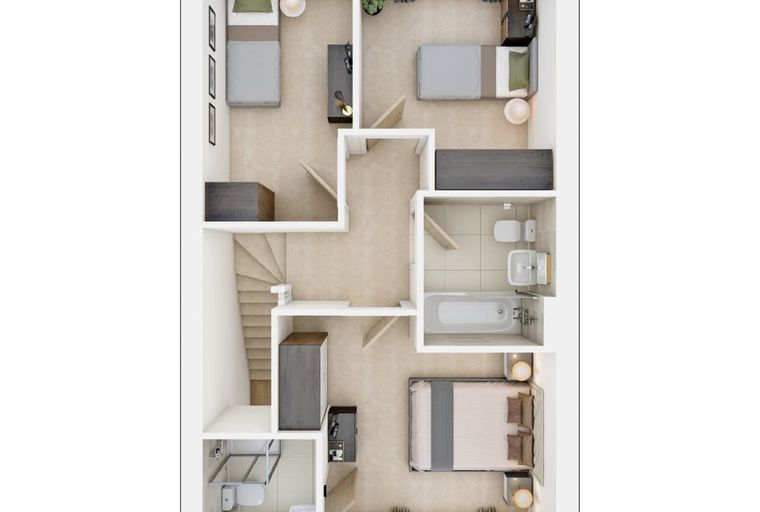 A floor plan of a house with three bedrooms and two bathrooms.