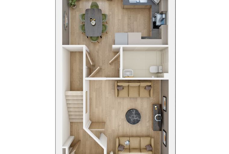 A floor plan of a house with a living room, dining area, kitchen, and bathroom.