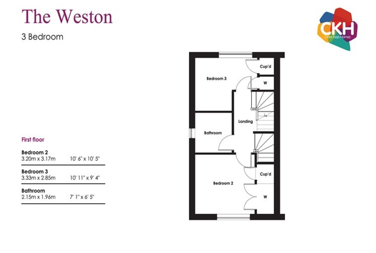 A floor plan for 'The Weston' 3-bedroom house, showing the first floor layout with bedrooms, bathroom, and landing.