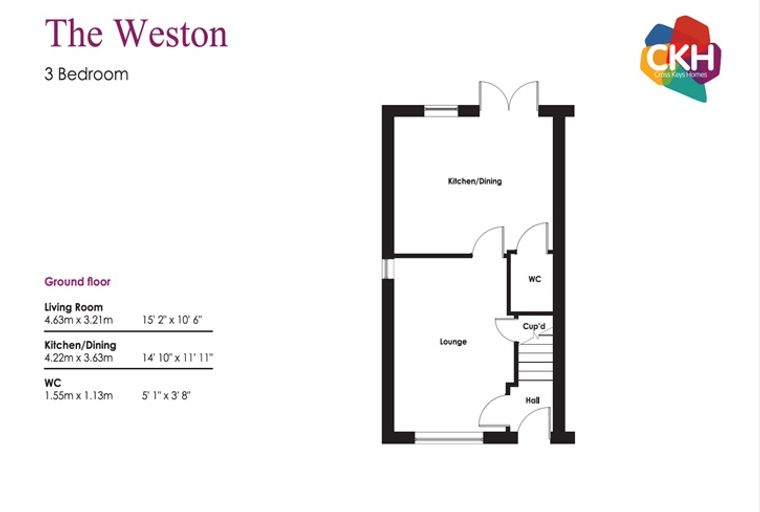 A floor plan for 'The Weston' 3-bedroom house, showing the ground floor layout with rooms labeled Lounge, Kitchen/Dining, WC, Hall, and Cup'd, along with dimensions.