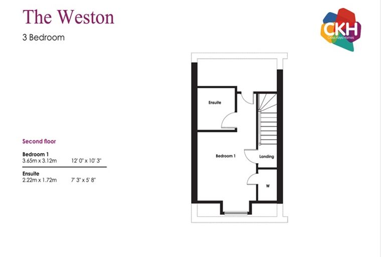 A floor plan of the second floor of 'The Weston' 3-bedroom house, showing Bedroom 1, an en-suite, a landing, and stairs.