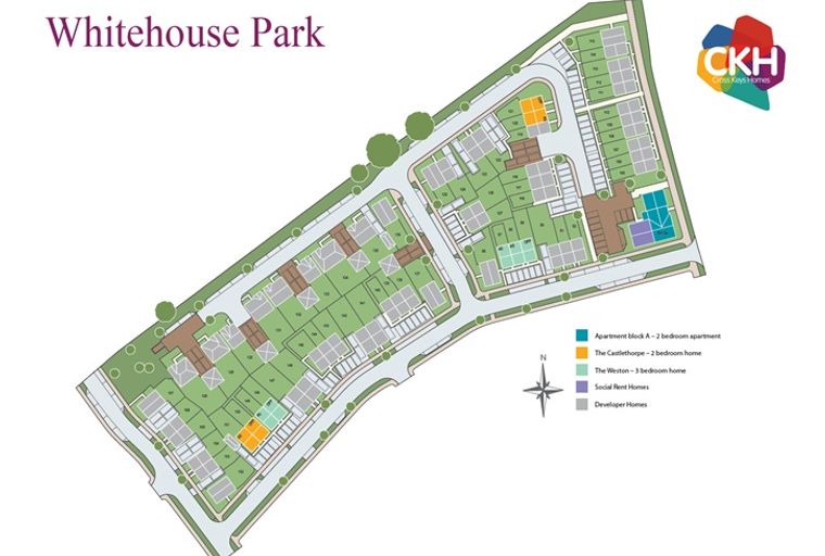 A site plan of the Whitehouse Park development by Cross Keys Homes, showing various house types and apartment blocks.