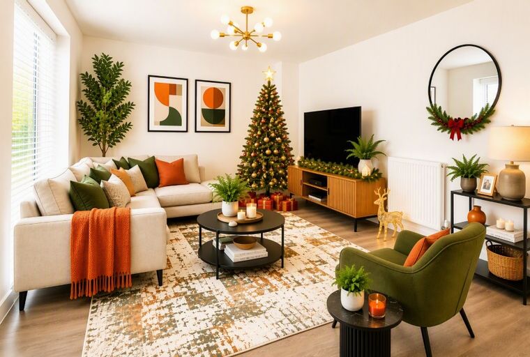 A living room decorated for Christmas with a sectional sofa, a Christmas tree, and a television.