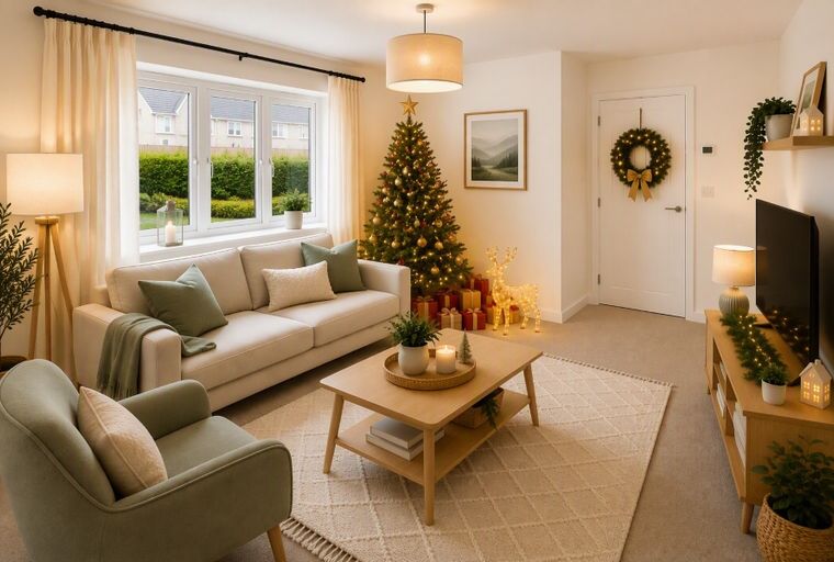 A living room decorated for Christmas with a sofa, armchair, coffee table, and Christmas tree.