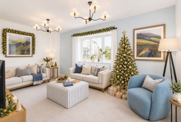 A living room decorated for Christmas with a Christmas tree, sofas, and a coffee table.
