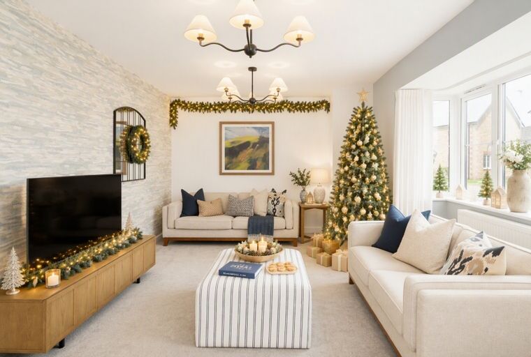 A living room decorated for Christmas with a tree, sofas, and a coffee table.