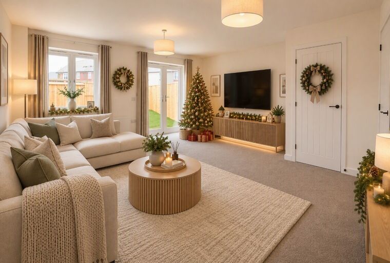 A living room decorated for Christmas with a sectional sofa, coffee table, Christmas tree, and a television.
