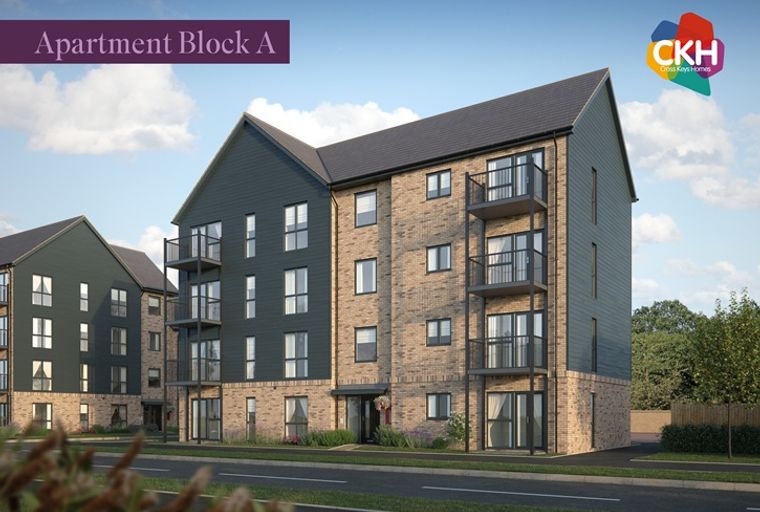 A modern apartment building with balconies and brick and dark paneling exteriors.