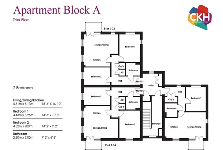 A floor plan of Apartment Block A, Third Floor, showing two bedrooms, a living/dining/kitchen area, and a bathroom.