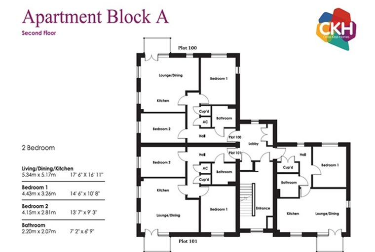 A floor plan of a 2-bedroom apartment in Apartment Block A, Second Floor.