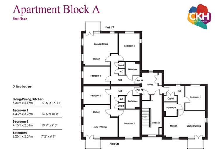 A floor plan of Apartment Block A, showing two bedrooms, a lounge/dining area, kitchen, and bathroom.