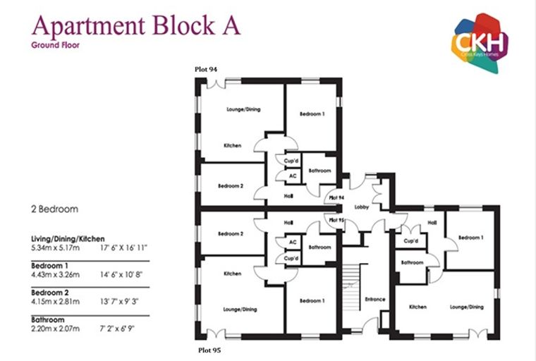 A floor plan of Apartment Block A, Ground Floor, showing two bedrooms, a living/dining/kitchen area, and a bathroom.