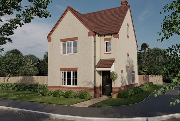 A detached house with a pitched roof, brick accents, and a front door.