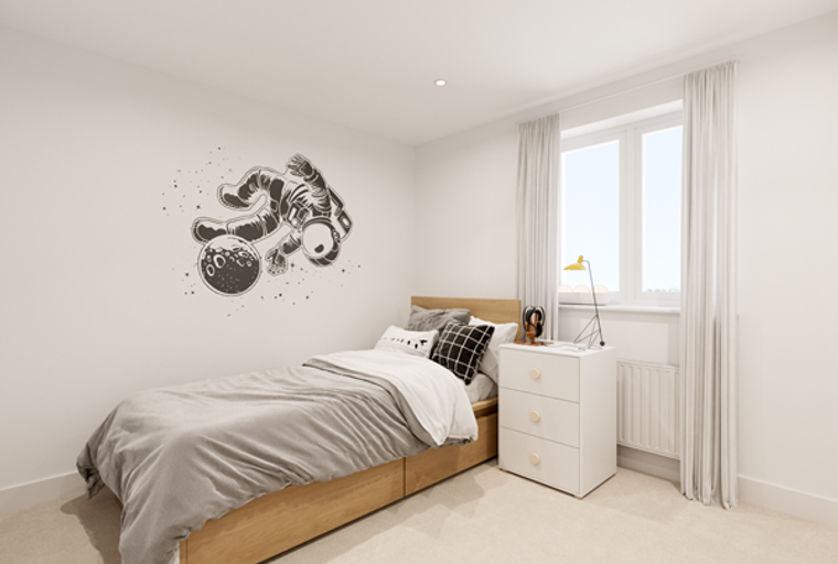 A bedroom with a bed, a nightstand, and a window.