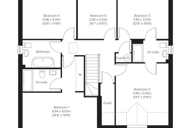 A floor plan of a house with five bedrooms, a bathroom, and two en-suites.