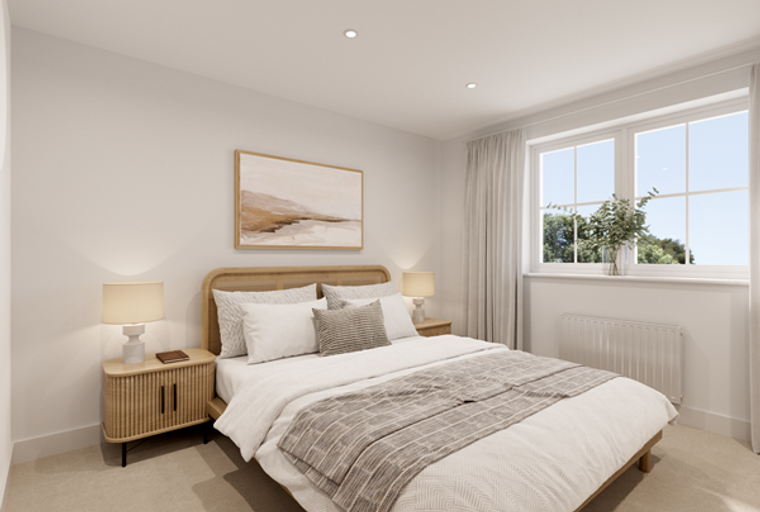 A bedroom with a bed, nightstand, and a window.