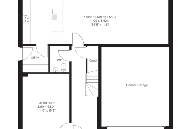 A floor plan of a house showing a living room, utility, WC, kitchen/dining/snug, and a double garage.